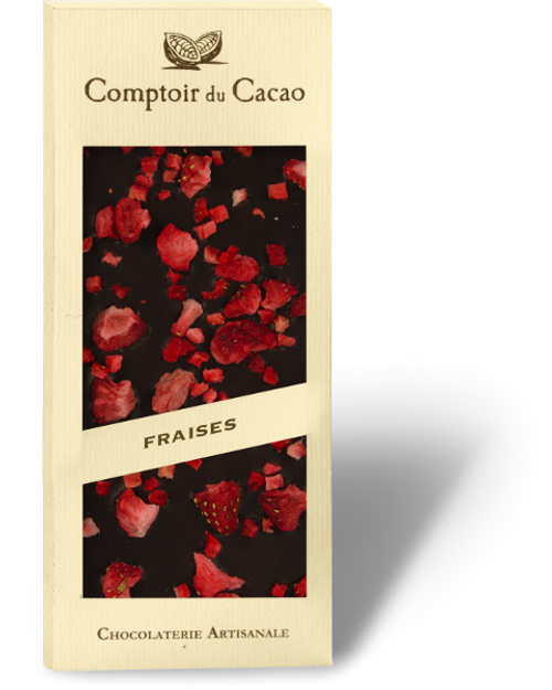 Comptoir du Cacao Dark Chocolate with Strawberries 90g. Pack of 3.