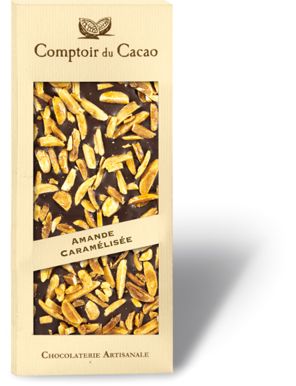 Comptoir du Cacao Dark Chocolate with Caramelized Almonds 90g. Pack of 3.