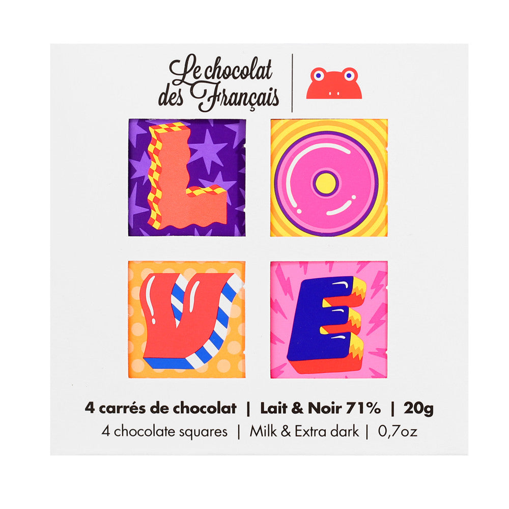 Le Chocolate des Français  Box of 4 milk & dark chocolate squares « Love »pack of 3.